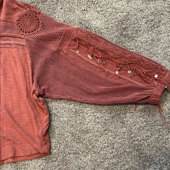 Free People Bohemian Rust Top with Crochet Sleeves - Picture 5 of 5